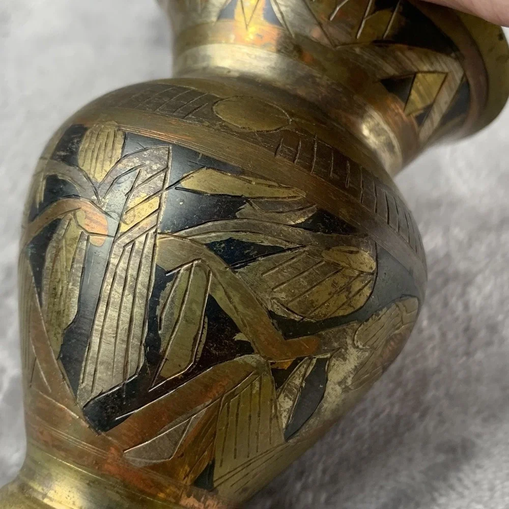 Vintage Mixed Metal Small Vase Egyptian‎ Style Copper Brass 4 Inches Tall Patina